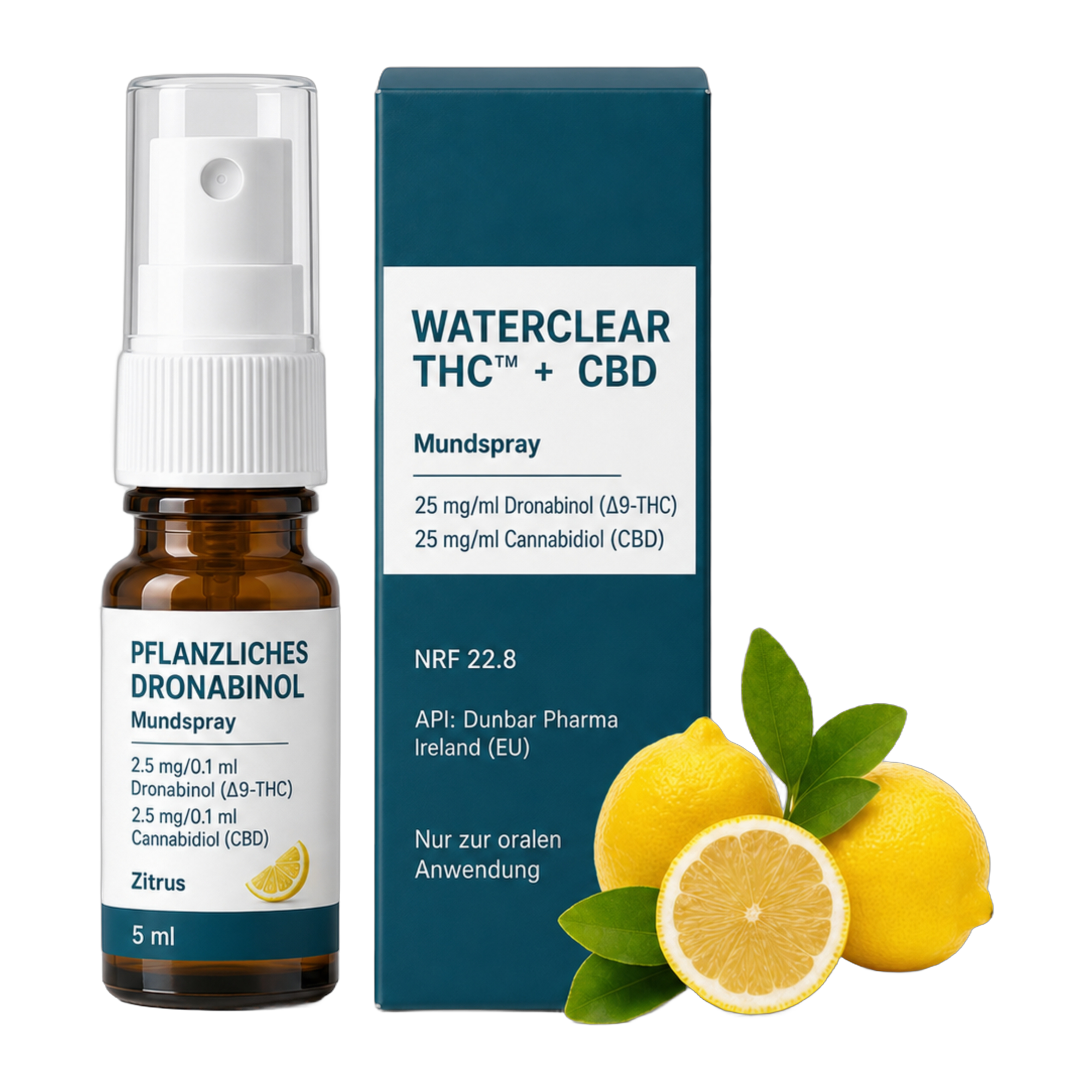 WaterClear THC + CBD Mundspray Zitrus 25 mg/ml Dronabinol, 25 mg/ml CBD, 5 ml – Flasche und Faltschachtel