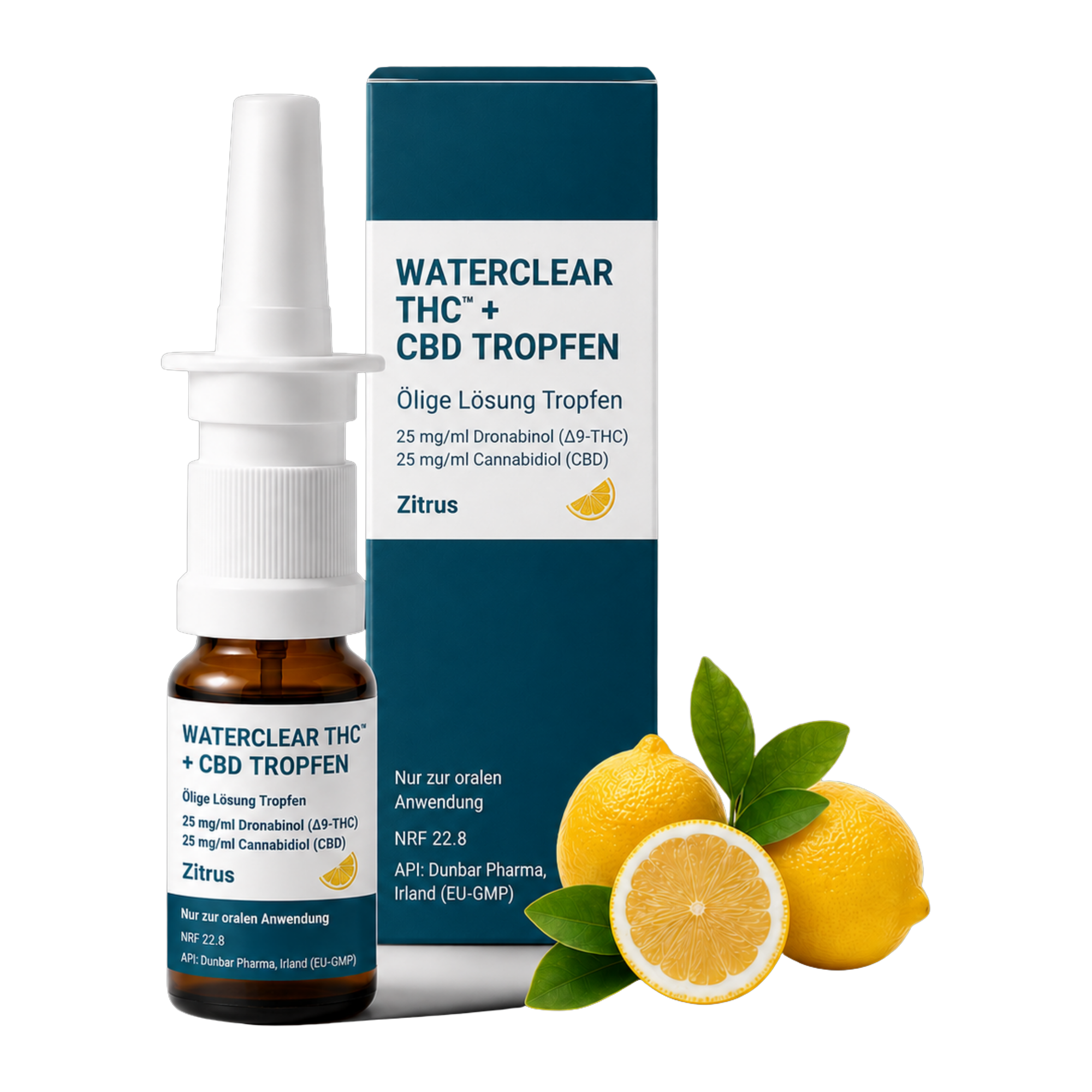 WaterClear THC + CBD Tropfen Zitrus 25 mg/ml Dronabinol, 25 mg/ml CBD – Flasche und Faltschachtel