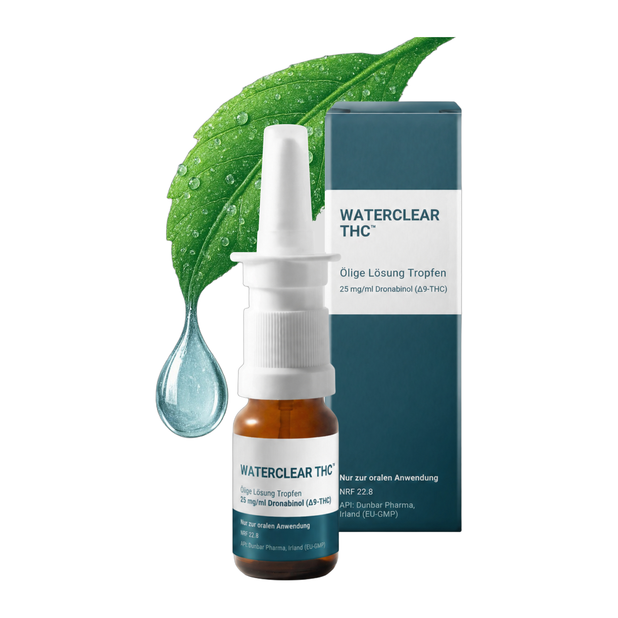 WaterClear THC Tropfen 25 mg/ml Dronabinol – Flasche und Faltschachtel
