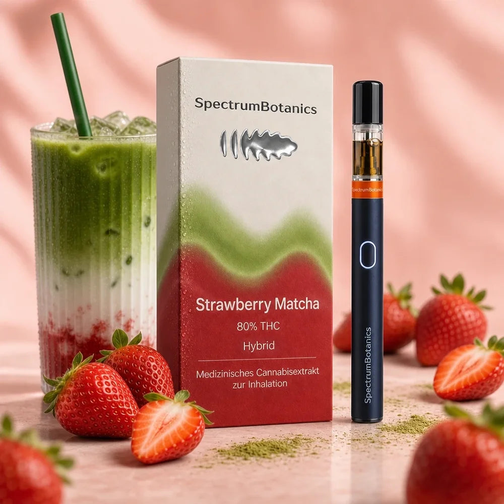 SpectrumBotanics Strawberry Matcha - Verpackung mit Vape Pen, Erdbeeren und Matcha