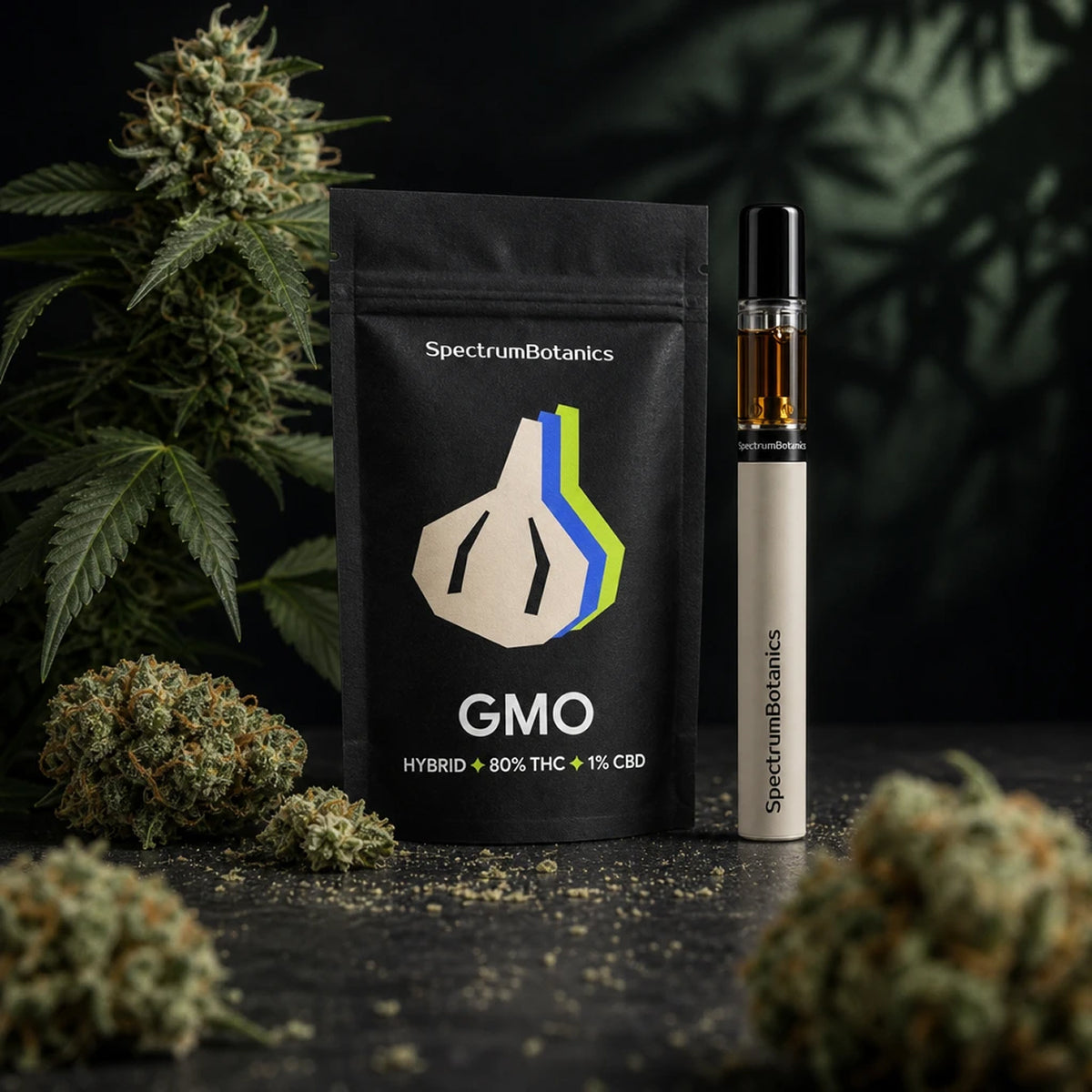 SpectrumBotanics GMO – Verpackung und Vape vor Cannabispflanze