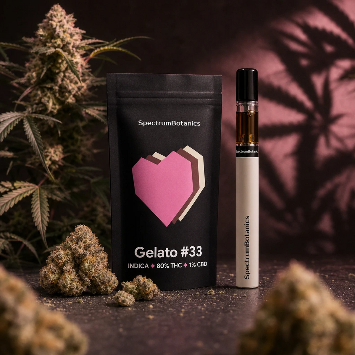 SpectrumBotanics Gelato #33 – Verpackung und Vape vor Cannabispflanze
