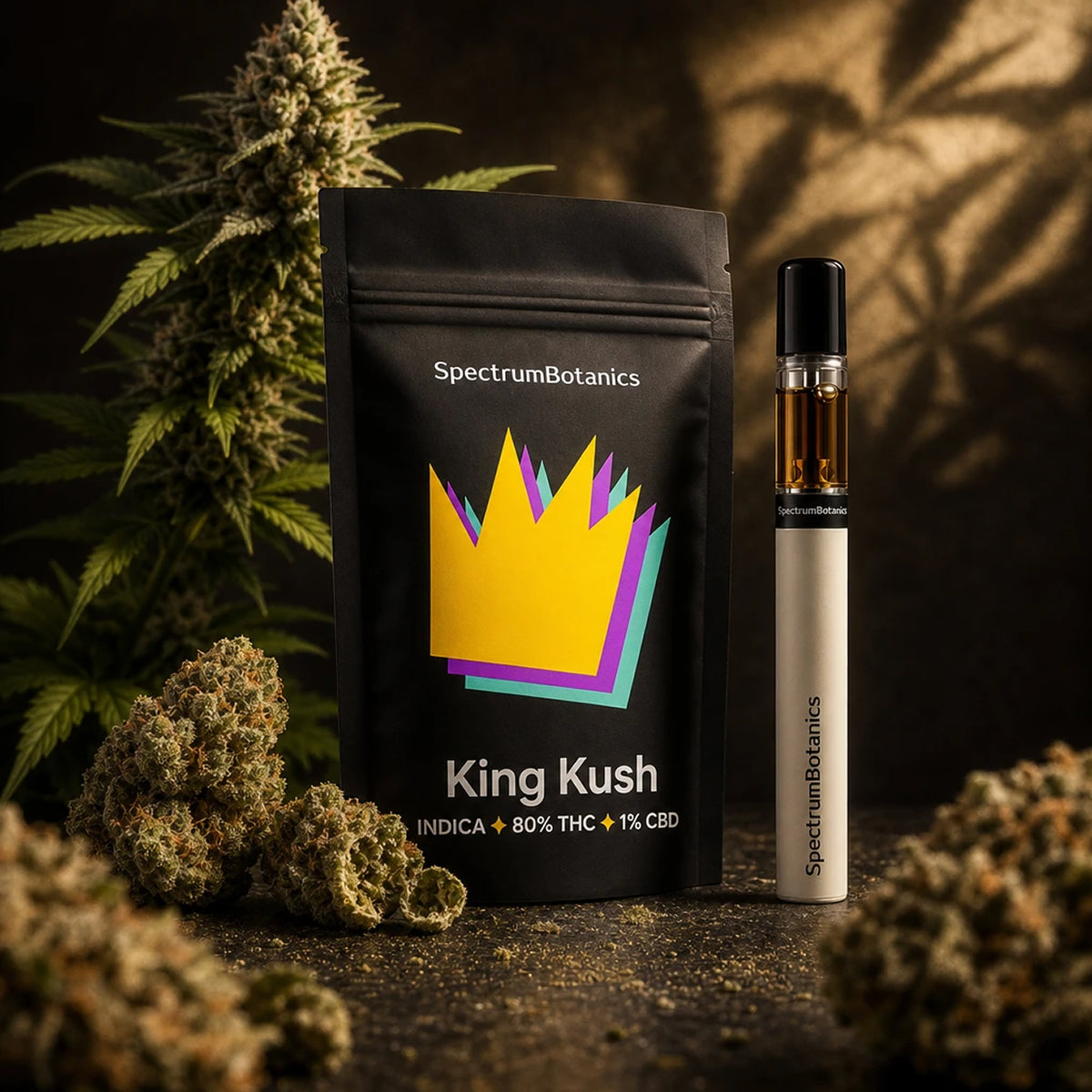 SpectrumBotanics King Kush – Verpackung und Vape vor Cannabispflanze