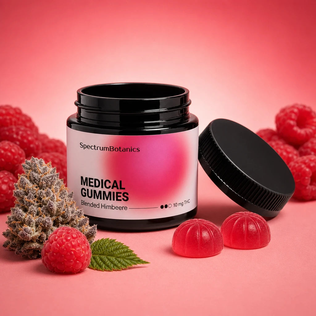 KI-generiertes Bild: SpectrumBotanics Medical Gummies Blended Himbeere 10 mg THC – Moodbild mit Himbeeren