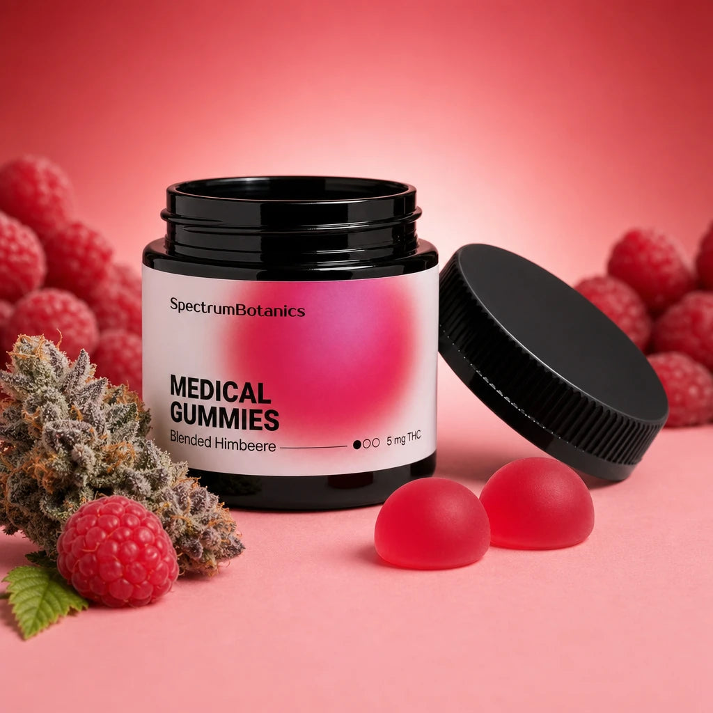 KI-generiertes Bild: SpectrumBotanics Medical Gummies Blended Himbeere 5 mg THC – Moodbild mit Himbeeren
