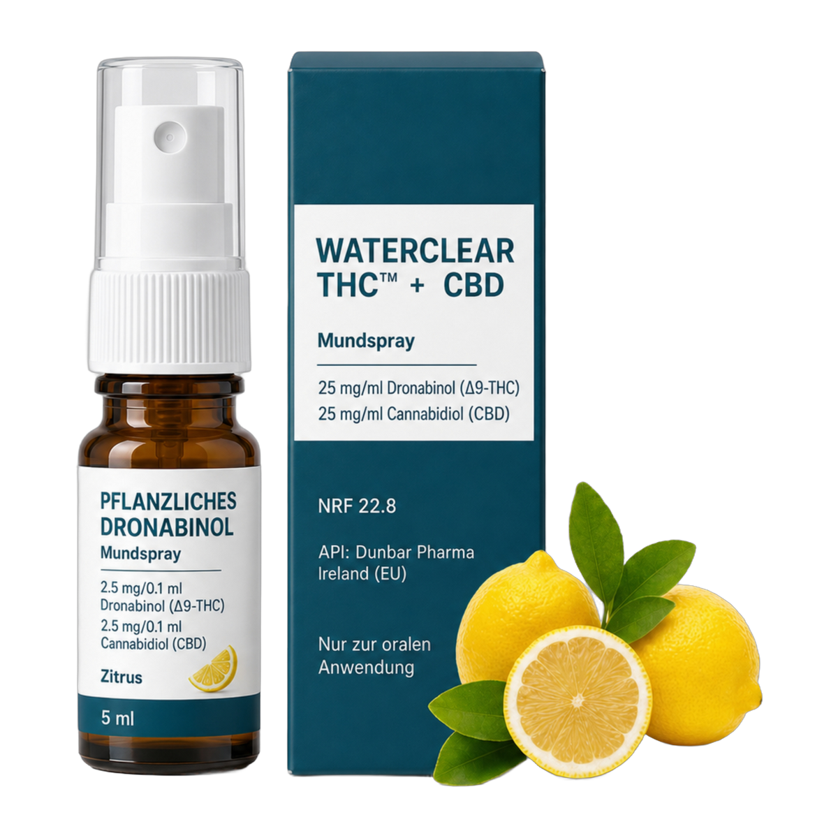 WaterClear THC + CBD Mundspray Zitrus 25 mg/ml Dronabinol, 25 mg/ml CBD, 5 ml – Flasche und Faltschachtel