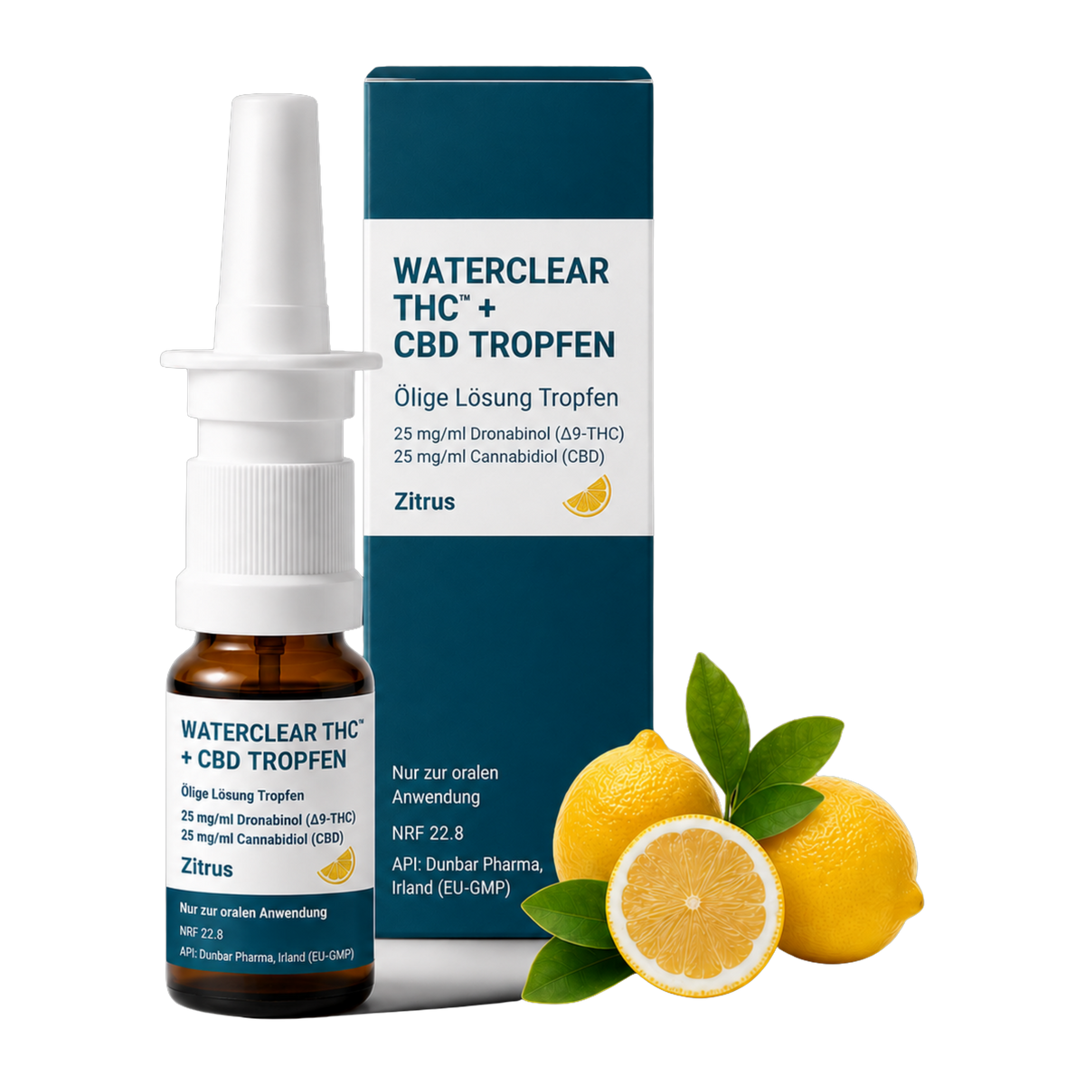 WaterClear THC + CBD Tropfen Zitrus 25 mg/ml Dronabinol, 25 mg/ml CBD – Flasche und Faltschachtel