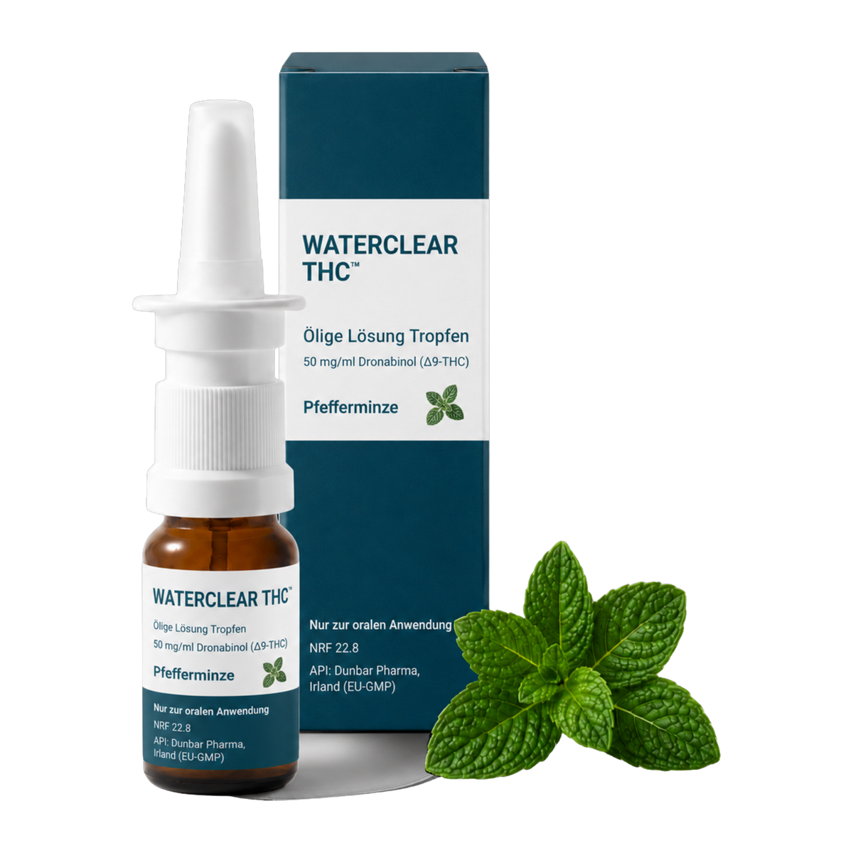 WaterClear THC Tropfen Pfefferminze 50 mg/ml Dronabinol – Flasche und Faltschachtel